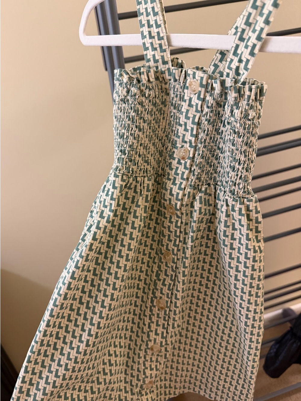 Green & Cream Smocked Strap Kids Dress